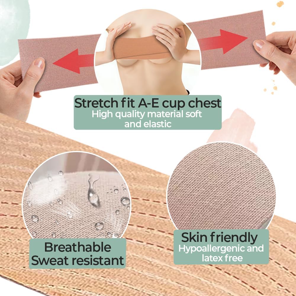 Boob Tape - Cinta para levantamiento de senos con 2 tapas reutilizables para pezón (invisible, con 10 cubiertas desechables para pezones, 20 cintas de moda, sin sujetador)