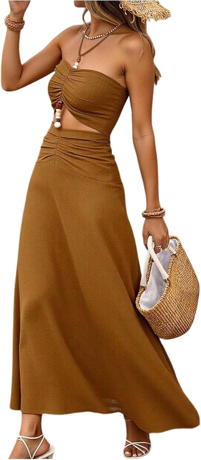 SOLY HUX Women's Halter Maxi Dress Summer Ruched Cut Out Beaded Flowy Dresses Beach Vacation Clothes