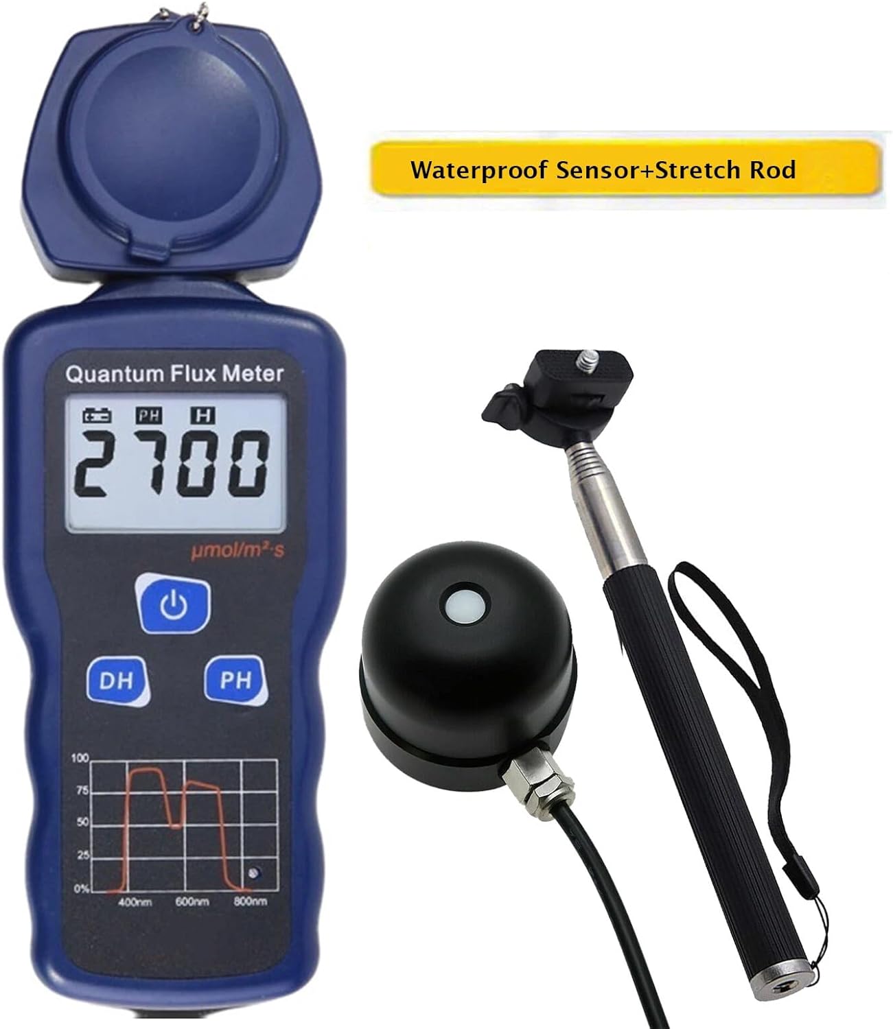 PAR Tester Quantum Flux Meter with Tension Rod and Waterproof Probe Wavelength Range 400nm to 700nm and Sampling 2 times/sec for Simulating Natural Light Sources in Home Aquarium Fish Farming