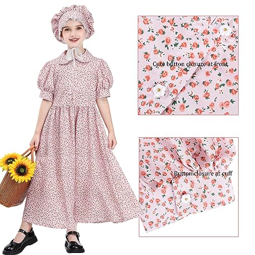 CR ROLECOS Pioneer Dresses for Girls Toddler Pink Floral Prairie Dress Colonial Old Time Costume Bonnet Apron Set M by CR ROLECOS - Used condition - Image 4