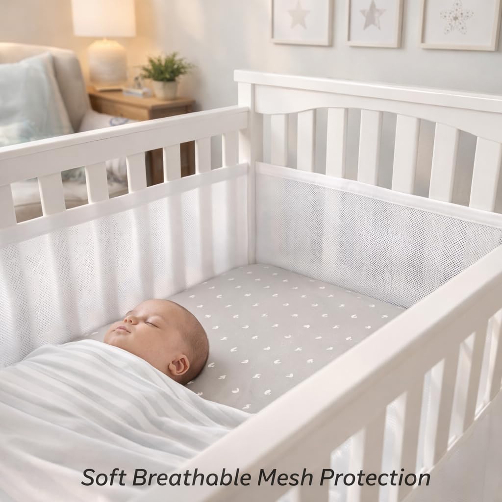 White Breathable Crib Mesh Liner – Baby Crib Bumper Alternative, Safe Airflow Mesh, Fits Standard 52" x 28" Cribs, Soft & Machine Washable Nursery Bedding — view 5