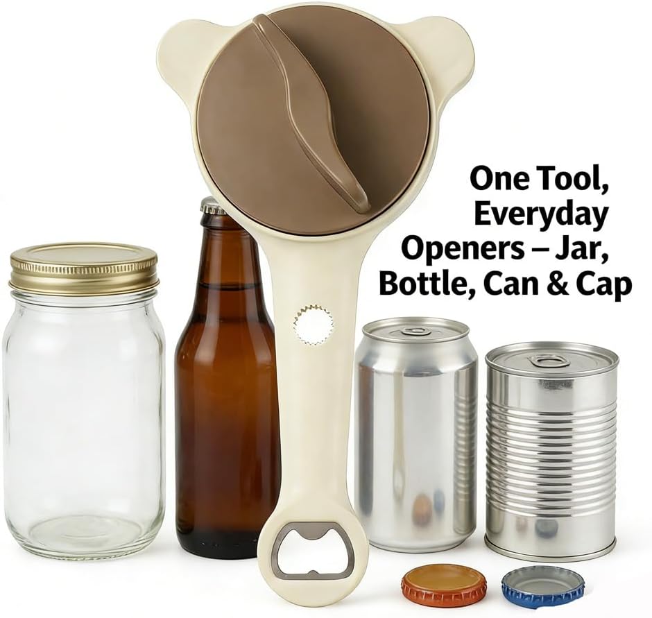 4 in 1 Multi-Purpose Jar Opener,Multi-Functional Retractable Jar & Bottle Opener,2026 new adjustable lid opener with ergonomic grip,4-in-1 Multi-Function Opener for Seniors & Weak Hands (khaki*2)