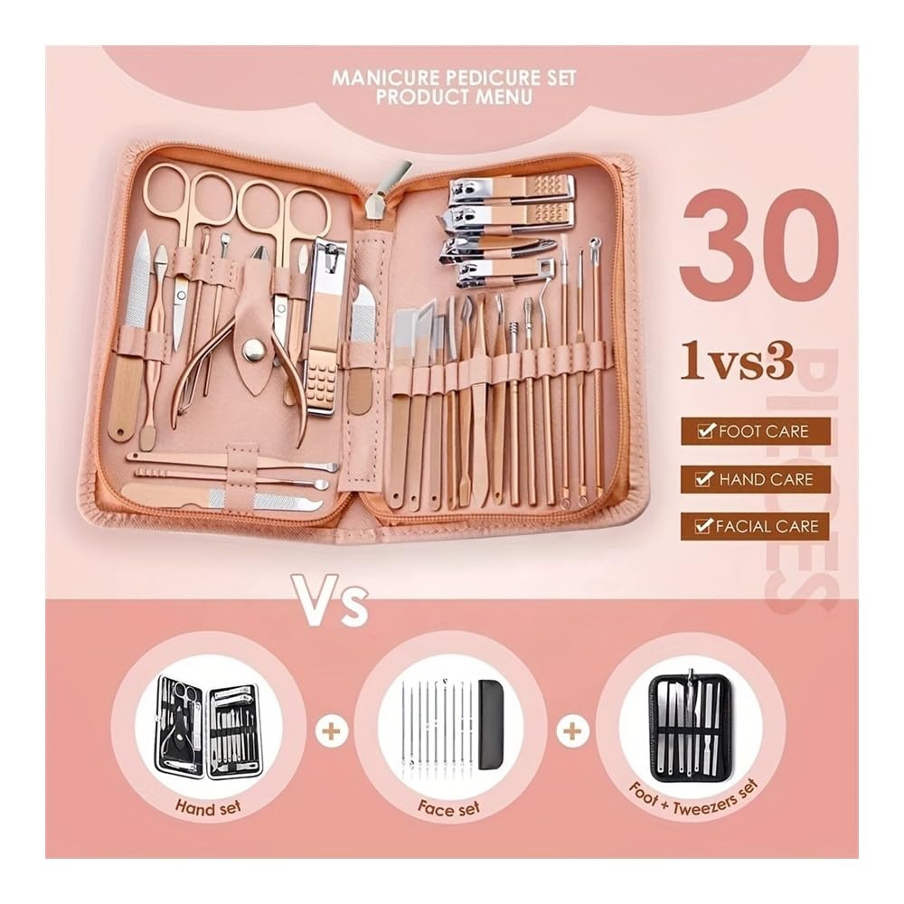 Kit de manicura para mujer, Juego de manicura rosa de 30 uds, juego de cortaúñas profesional, Kit de manicura sólido de acero inoxidable, Kit de cuidado de uñas con estuche rosa for San Valentín(Pink)