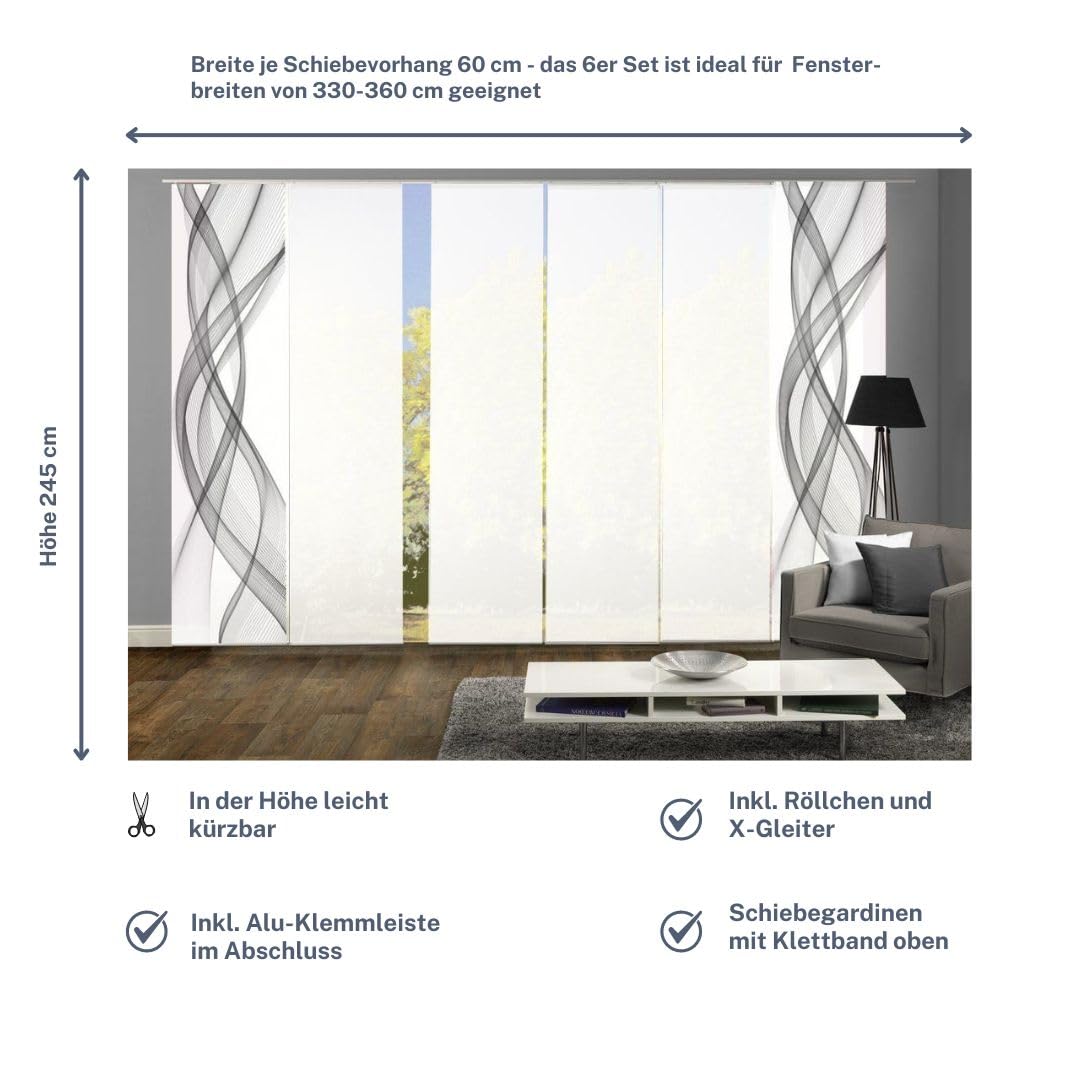 6er-Set Schiebegardinen (54198), Mariella, Höhe 245 cm, 2X Dessin, 4X weiß, Blickdicht