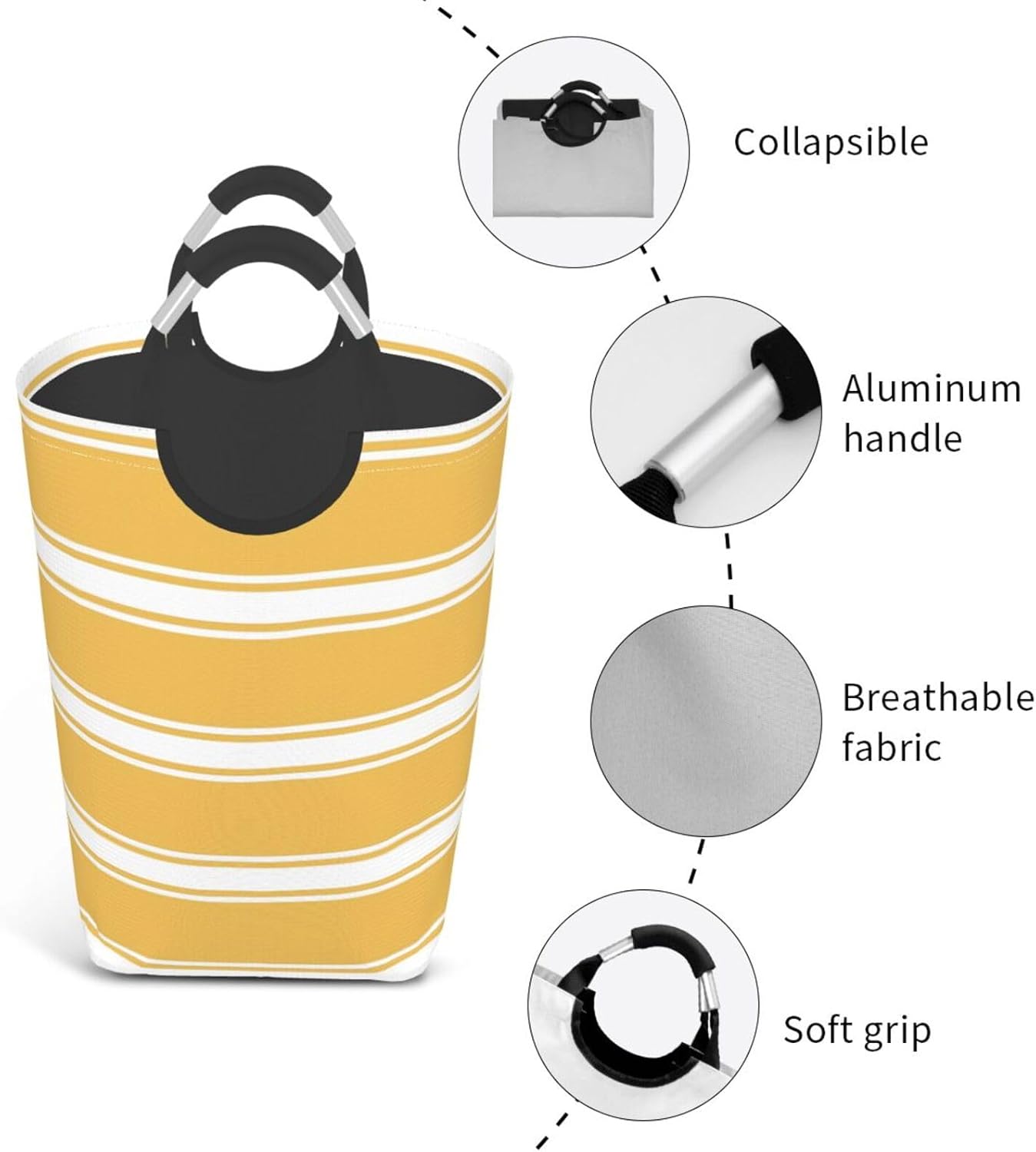 Large Laundry Basket, Striped Nautical Yellow Laundry Hamper Bag Collapsible Washing Bin With Handles for College Dorm, Family Essentials Storage