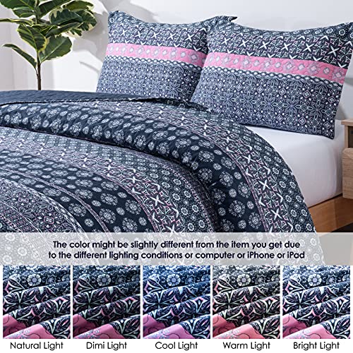 Jupitex Aztec Boho Striped Quilt Set Queen, 3 Pcs Bohemian Rustic Bedding Set, 90X96 Bohemian Reversible Quilt, Lightweight Farmhouse Ombre Bedding Set, Blue Quilt Bedspread Coverlet For All Seasons #TOP5