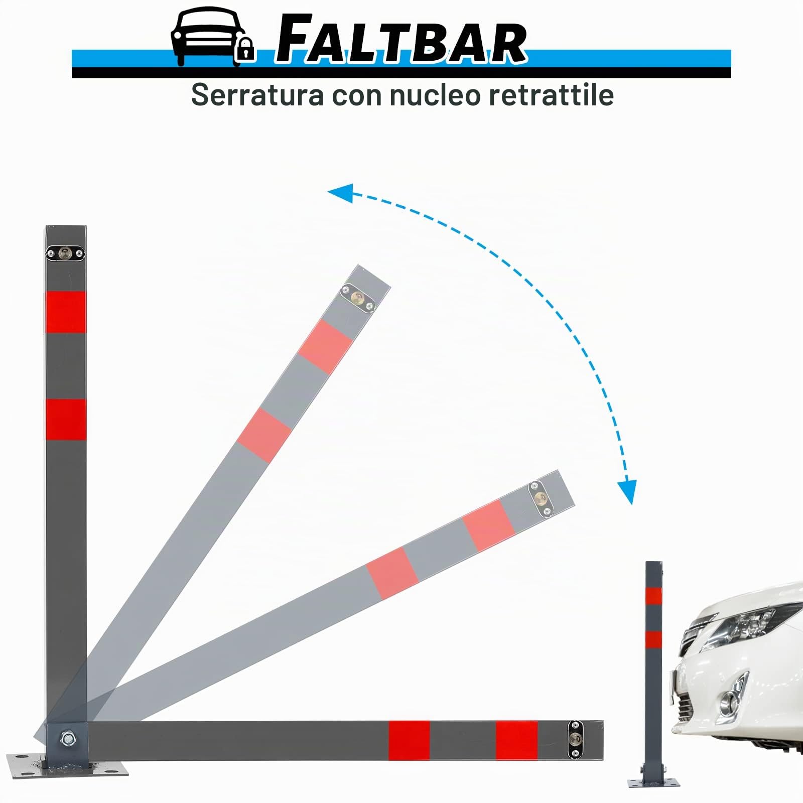 Palo di parcheggio pieghevole, Barriera Parcheggio, Blocco Posto Auto, colore segnaletico, 3 chiavi, Acciaio, set da 2