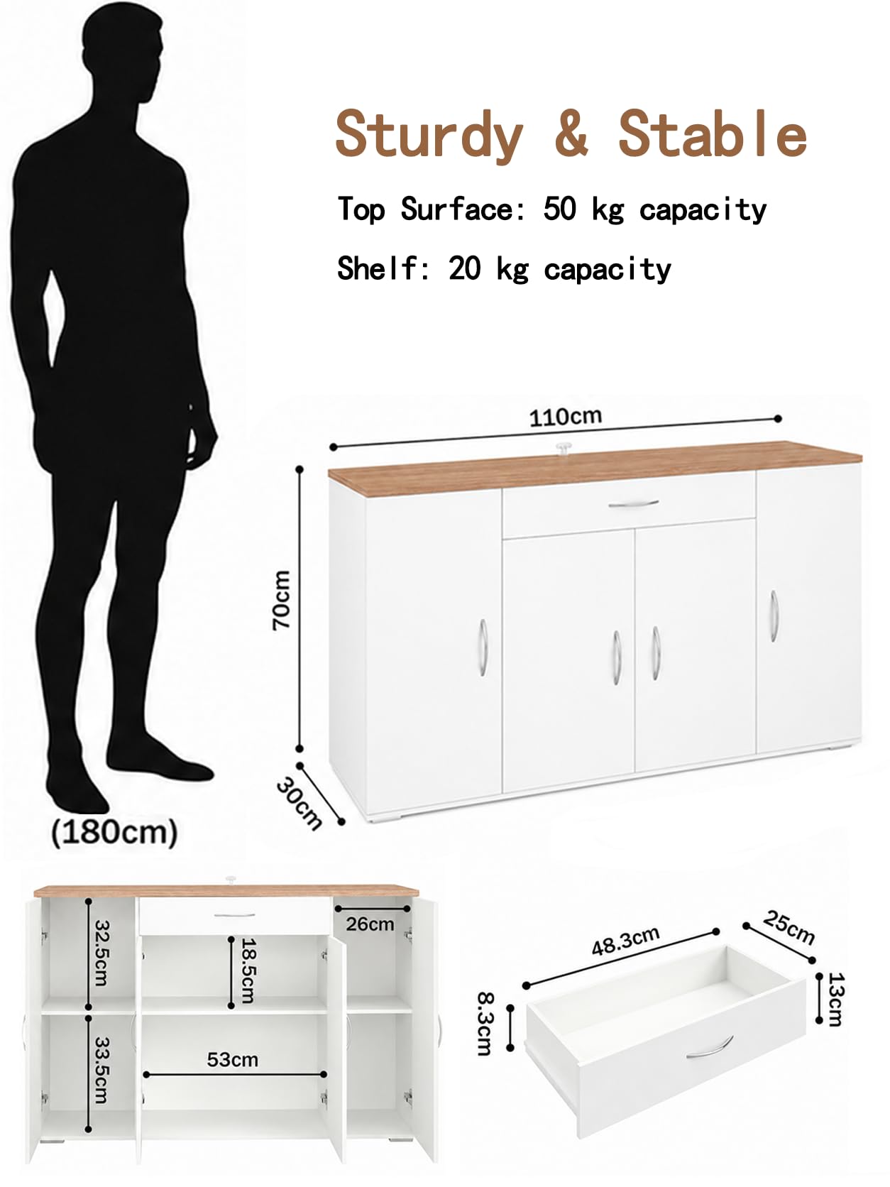 Aparador de Comedor Blanco con 4 Puertas y 1 Cajón 110×30×70cm | Aparador con 4 puertas y 1 cajón que ofrece almacenaje práctico para vajilla, cubiertos y accesorios en el comedor