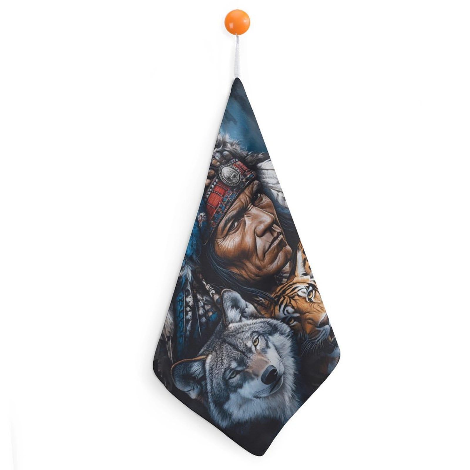 TXFBTRFSA Indian Chief Tiger Wolf Hand Towels with Hanging Loop Kitchen Towel Handkerchiefs Cleaning Cloths