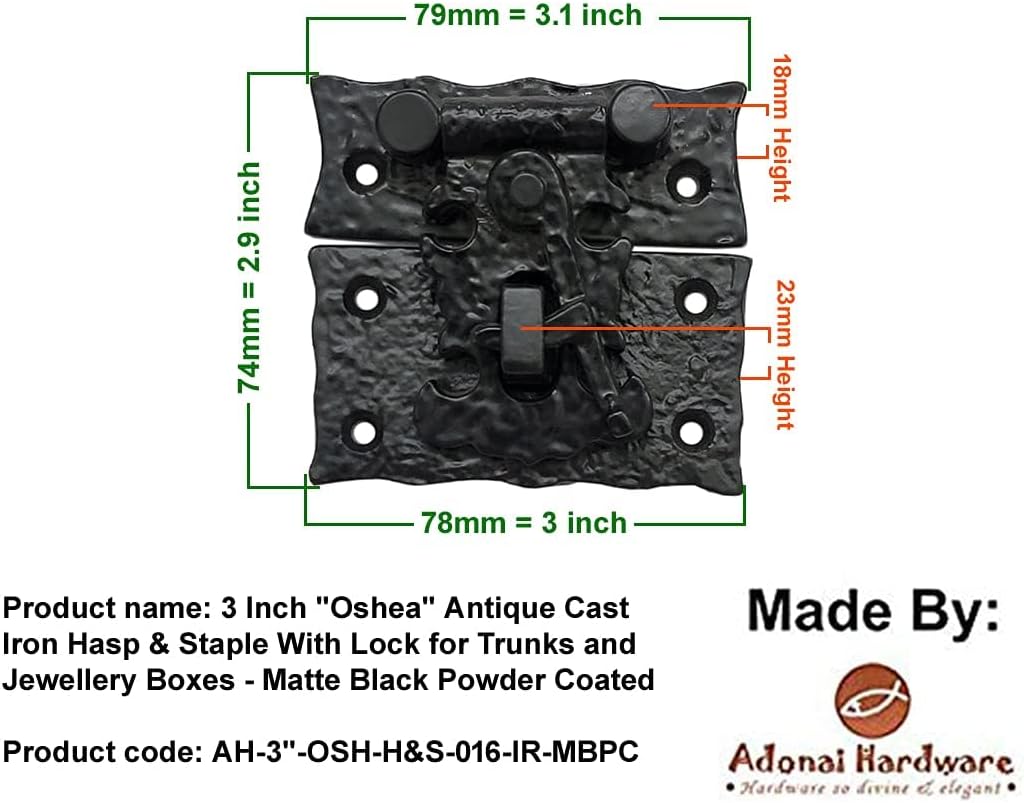 Adonai Hardware 3 Inch "Oshea" Antique Cast Iron Hasp & Staple with Lock for Trunks and Jewellery Boxes - Matte Black Powder Coated, Antique Hardware, Cabinet Hardware - 