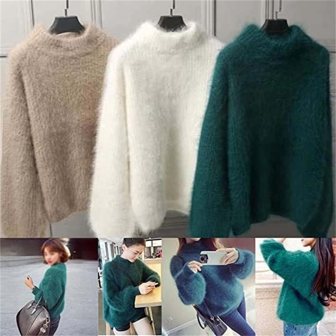 Suéter cálido y suelto de mezcla de cachemira Angora para mujer, suéter de punto de cuello redondo de color sólido