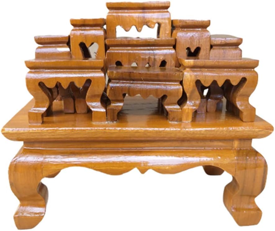 Small Altar Thai Buddha Worship Wood Set 9 Amulet Miniature Table Teak Shelf Home Decor 4" x 6"