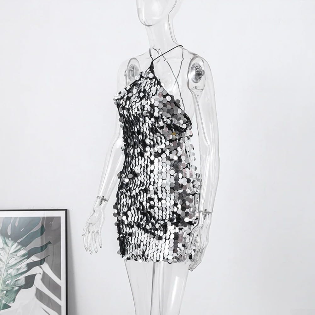 SPORTARC Elegante mini abito da donna con paillettes, con scollo all'americana, ideale per discoteche ed eventi sociali