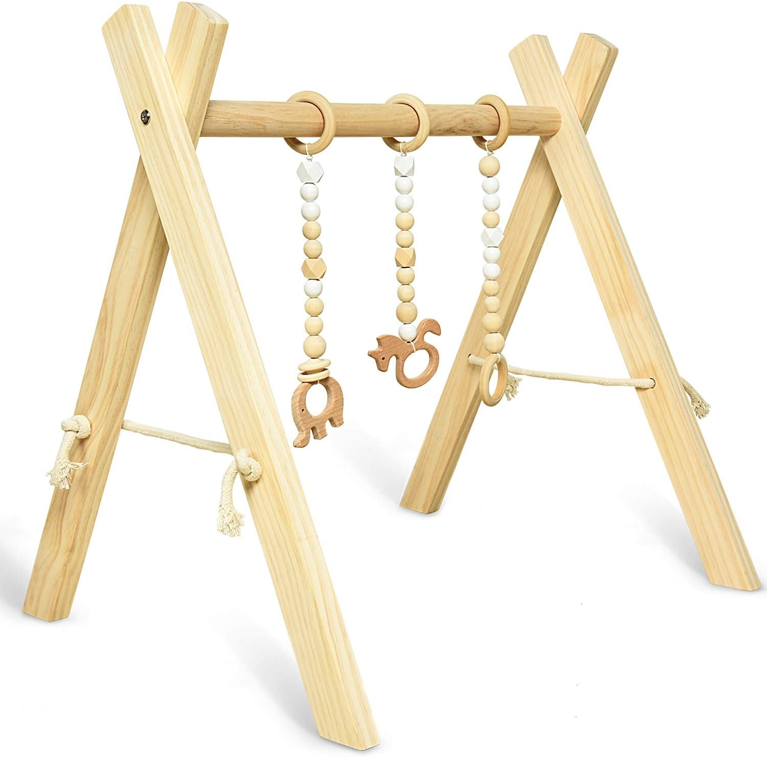Rocinha Wooden Baby Gym with 3 Wooden Baby Teething Toys Foldable Baby Play Gym Frame Baby Wood Activity Gym Hanging Bar Newborn Gift - Natural Color