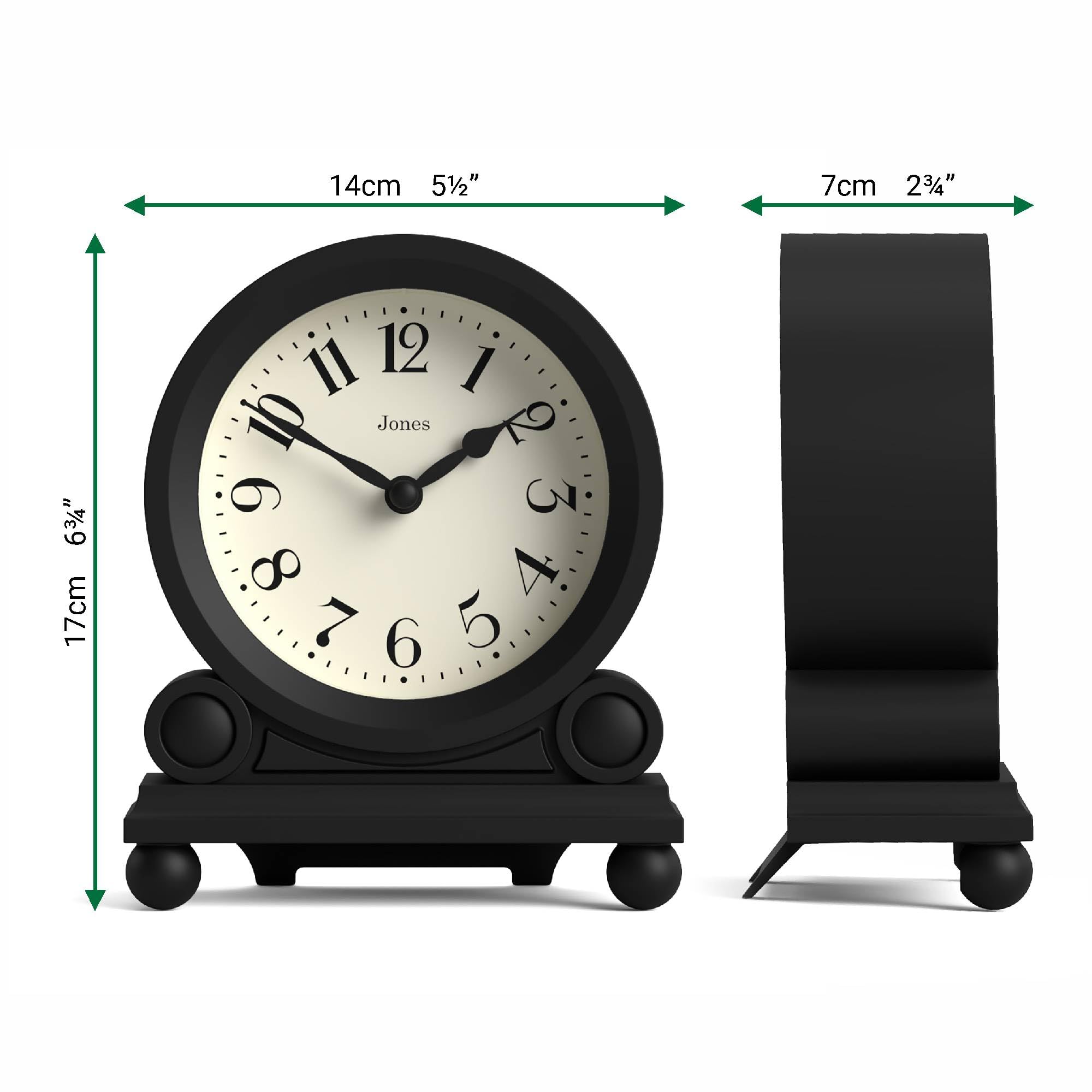 JONES CLOCKS® Maida Vale Reloj de repisa | Reloj de Escritorio Tradicional pequeño | Negro | Bonito y Encantador, Ideal para la repisa, la estantería o la mesilla de Noche