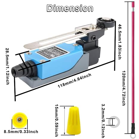 ME-8108 Momentary Limit Switch Adjustable Roller Lever Arm Travel Switch 5A 250V AC/0.4A 115V DC Self-Reset 1NC 1NO for CNC Mill Laser Plasma Router 8PCS Terminal Wires 5PCS Terminal Cap