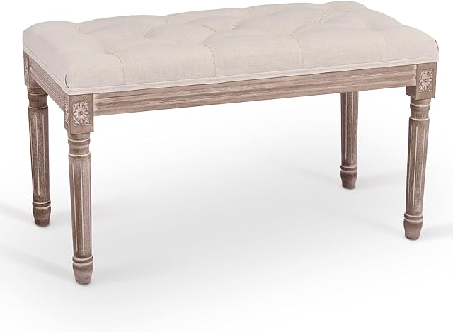 VONLUCE 80cm Long Vintage Upholstered Bench with Padded Seat | Tufted Entryway Bench Dining Bench Seat & Footstool | French Rustic Ottoman Bench for Bedroom Living Room Hallway More, Beige