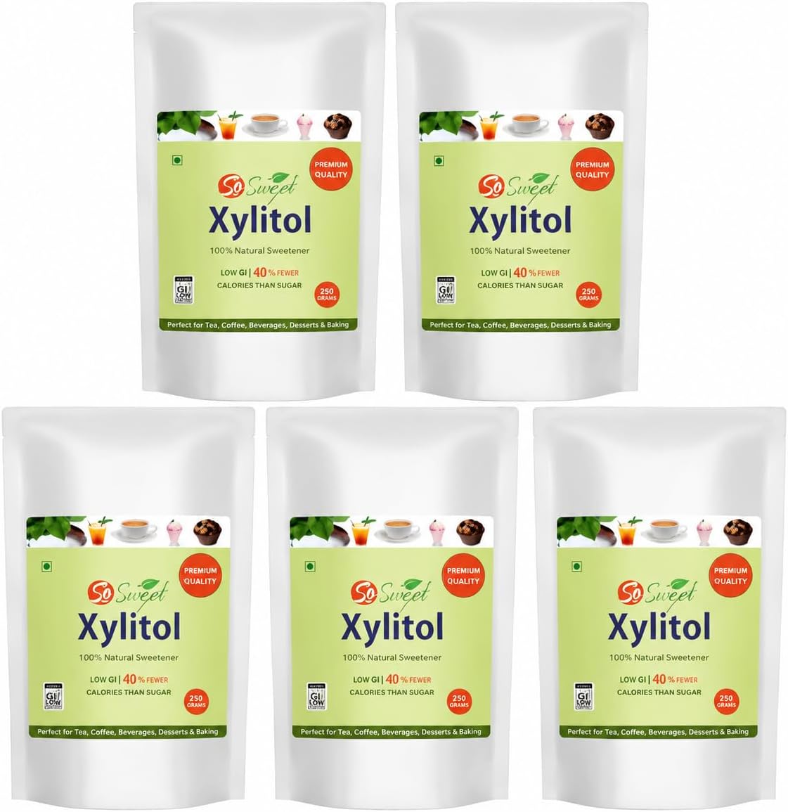 So Sweet Xylitol 250 gm 100% Natural Sweetener - Sugarfree (Pack of 05)