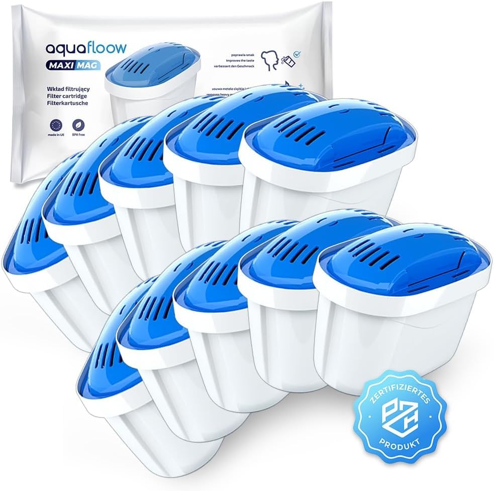 Aquaflow Cartuchos Filtrantes de Magnesio 10 Piezas | Compatible con Brita Maxtra+, Style, Marella, Elemaris, XL, Fun | Purifica el Agua y Enriquécela con Magnesio