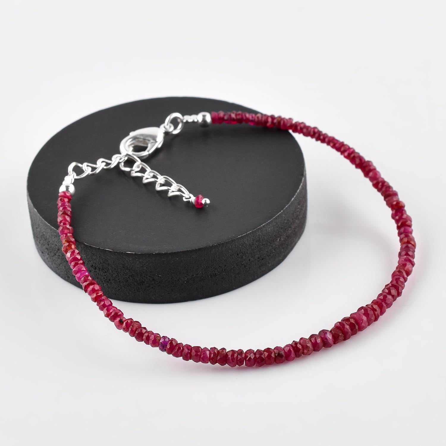 InfinityGemsArt Mozambique Ruby Dainty Bracelet Natural Gemstone Full Beads Bracelets Jewelry for Women, July Birthstone Energy Crystals, Silver Plated Chain 8 inch