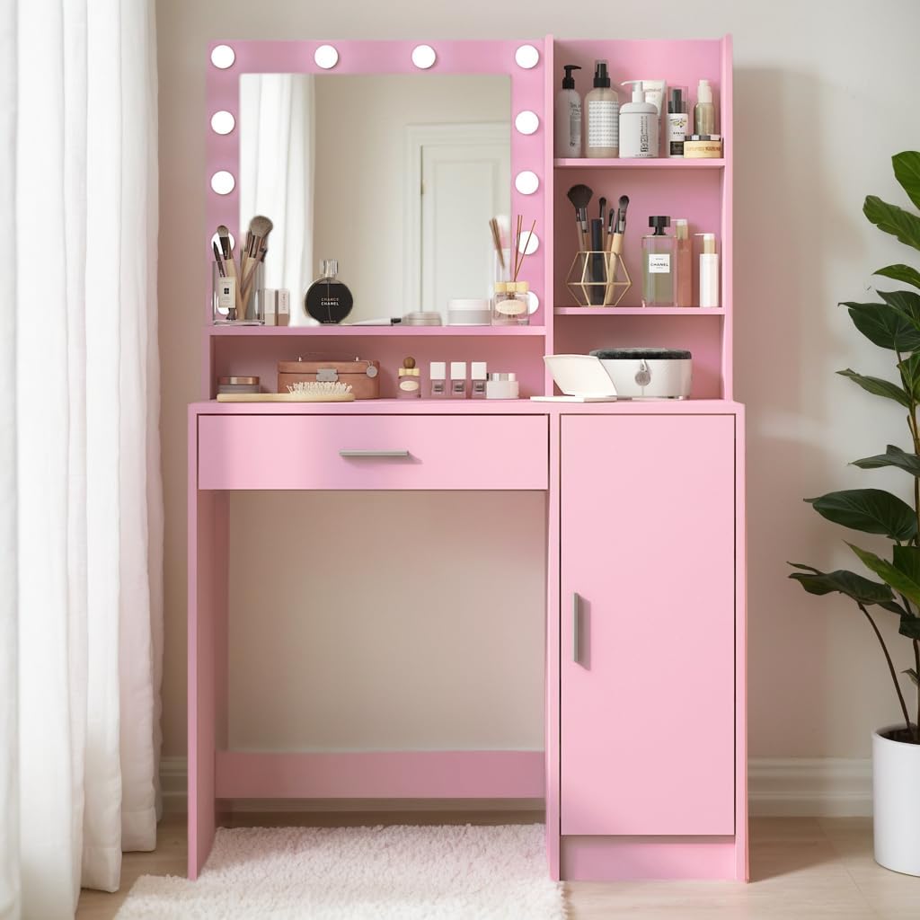 Vanity Table with Mirror, 2 Drawers and 3-Tier Storage Makeup Vanity Desk, 12 LED Lights and 3 Color Lighting Modes, Perfect for Bedroom and Dressing Room Vanity Area (Pink)