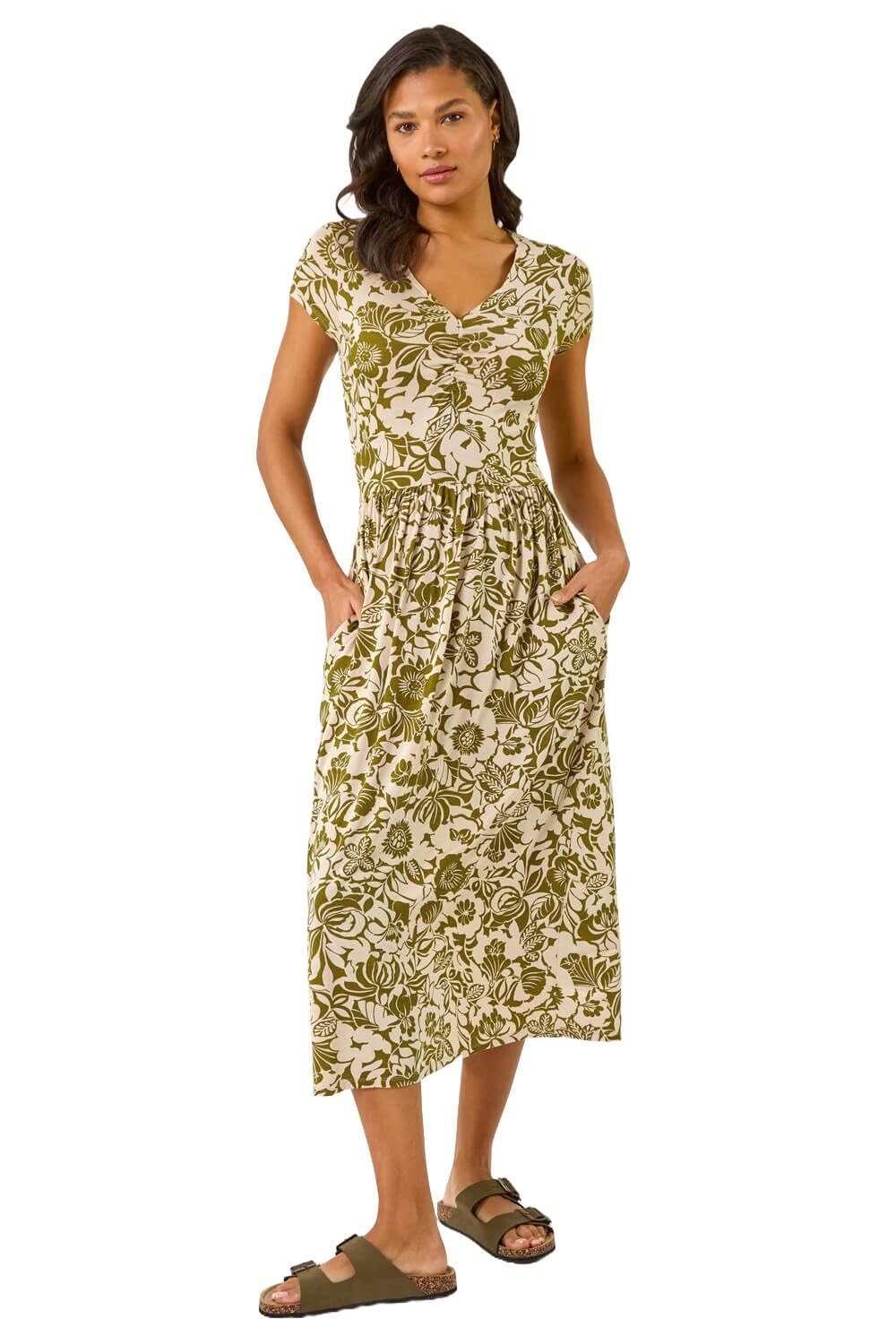 Roman Women's Floral Print Ruched Stretch Midi Dress in Khaki | Size: 20