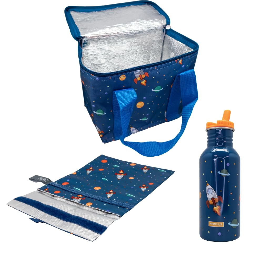 NERTHUS FIH 1289 Set Espacio Isotérmico Bolsa de Almuerzo + Botella Ultraligera + Bolsa Merienda, Space, 500 ml