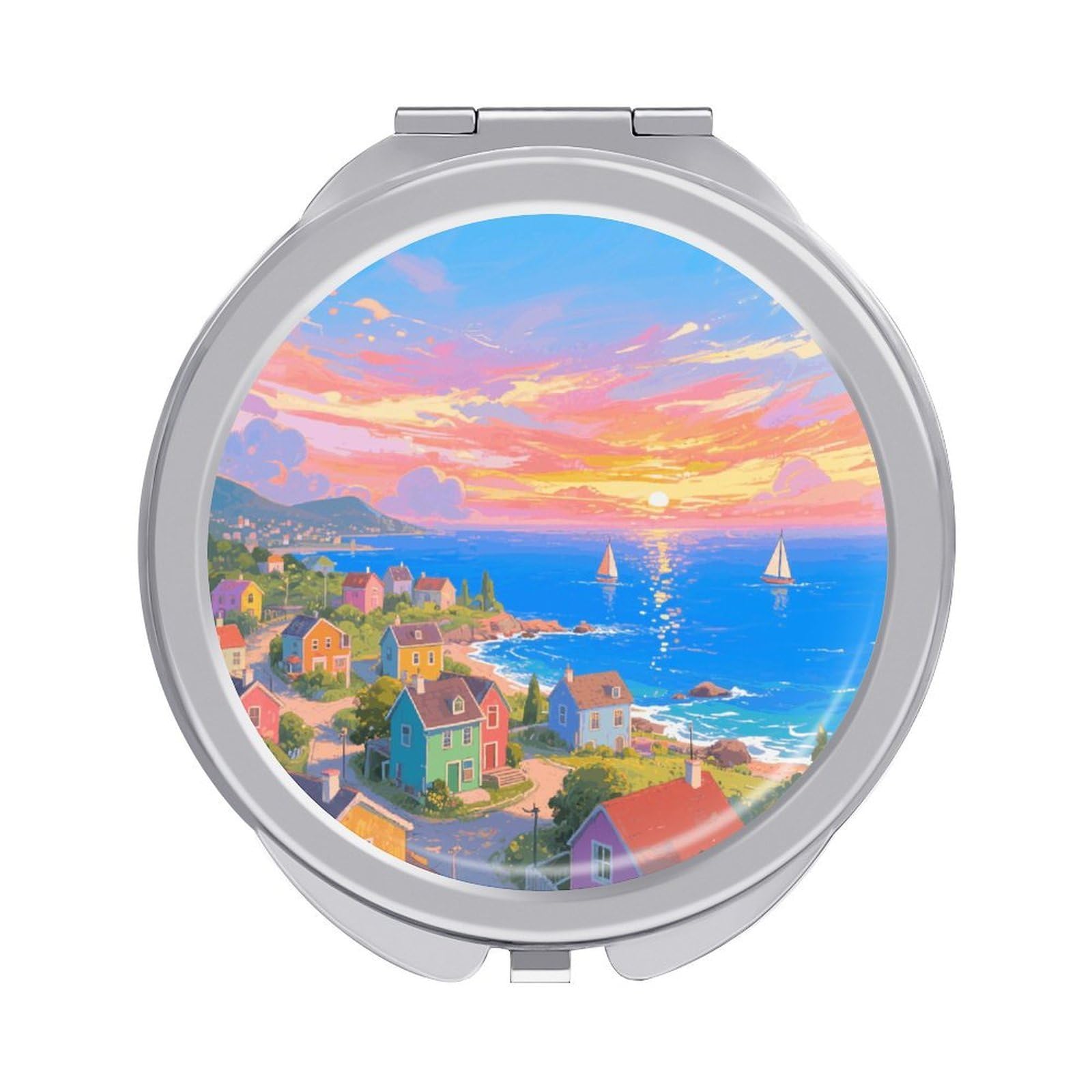 VstaDank Seaside Town Makeup Mirror Beautiful Compact Makeup Mirror Silver Mirrors Surface Folding Makeups Lightweight Travel Makeups Mirrors for Suitable Handbag and Purses