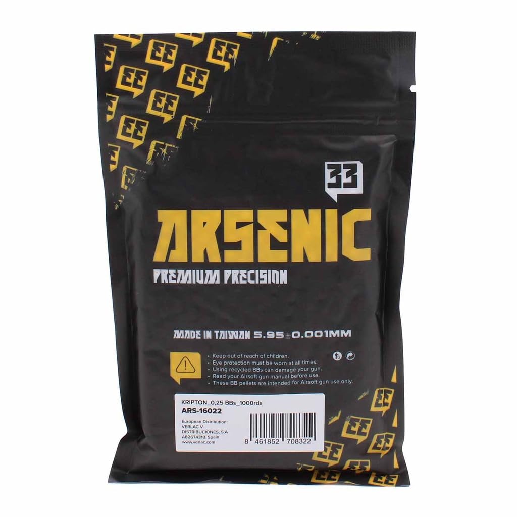 Bolsa de Bolas para Airsoft Marca Arsenic Krypton de 0,25 g, no biodegradables, 1000 Unidades, 6 mm, Blancas, Bien pulidas, sin Atascos ni residuos