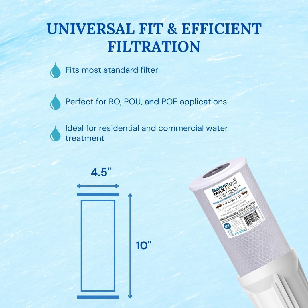 20 Pack Baleen Pool Filters 10" x 4.5" 5 Micron Coconut Shell Performance Carbon Filter Cartridge Replaces Hydronix CB-45-1005, Watts WCBCFF975, Pentek EP5-10BB