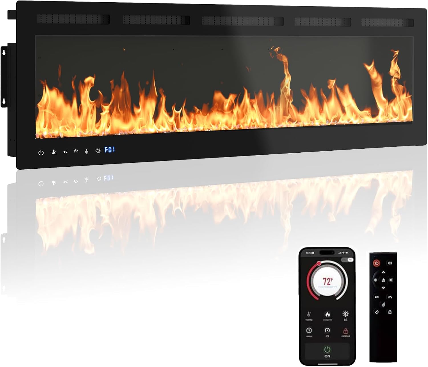 60" Smart Electric Fireplace Wall Mount, 1500w Heater with Remote Control & Timer, 12 Color LED Flame Effect, Touch Screen, for Living Room Bedroom Indoor Use