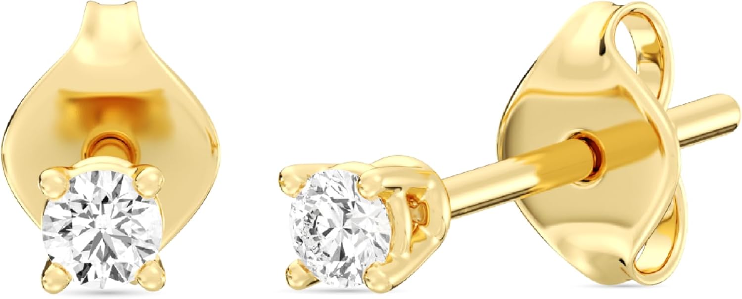 Gilded Lab-Grown Diamond Stud Earrings for Women| 925 Sterling Silver Studs and 14KT Gold 925 Plated Silver | Hypoallergenic Fine Jewelry | 4-Prong Basket, Push Back Nut | Round Cut, SI1 Clarity, F Color | 1/10,1/5,1/4,1/3,3/8,1/2,3/4,7/8,1 Carat Total Weight
