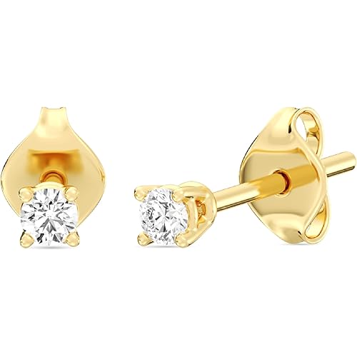 Gilded Lab-Grown Diamond Stud Earrings for Women| 925 Sterling Silver Studs and 14KT Gold 925 Plated Silver | Hypoallergenic Fine Jewelry | 4-Prong Basket, Push Back Nut | Round Cut, SI1 Clarity, F Color | 1/10,1/5,1/4,1/3,3/8,1/2,3/4,7/8,1 Carat Total Weight