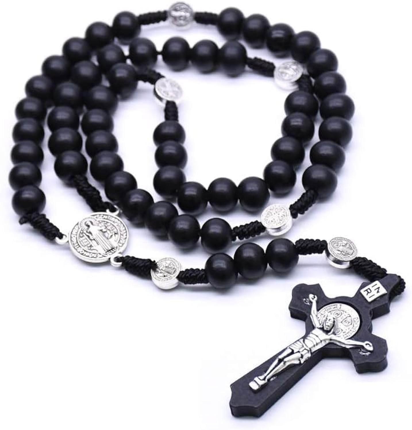 Original handmade wooden Cross Necklace Beads Wood Catholicism Gift Religious Prayer Beads for Chruch (Black)