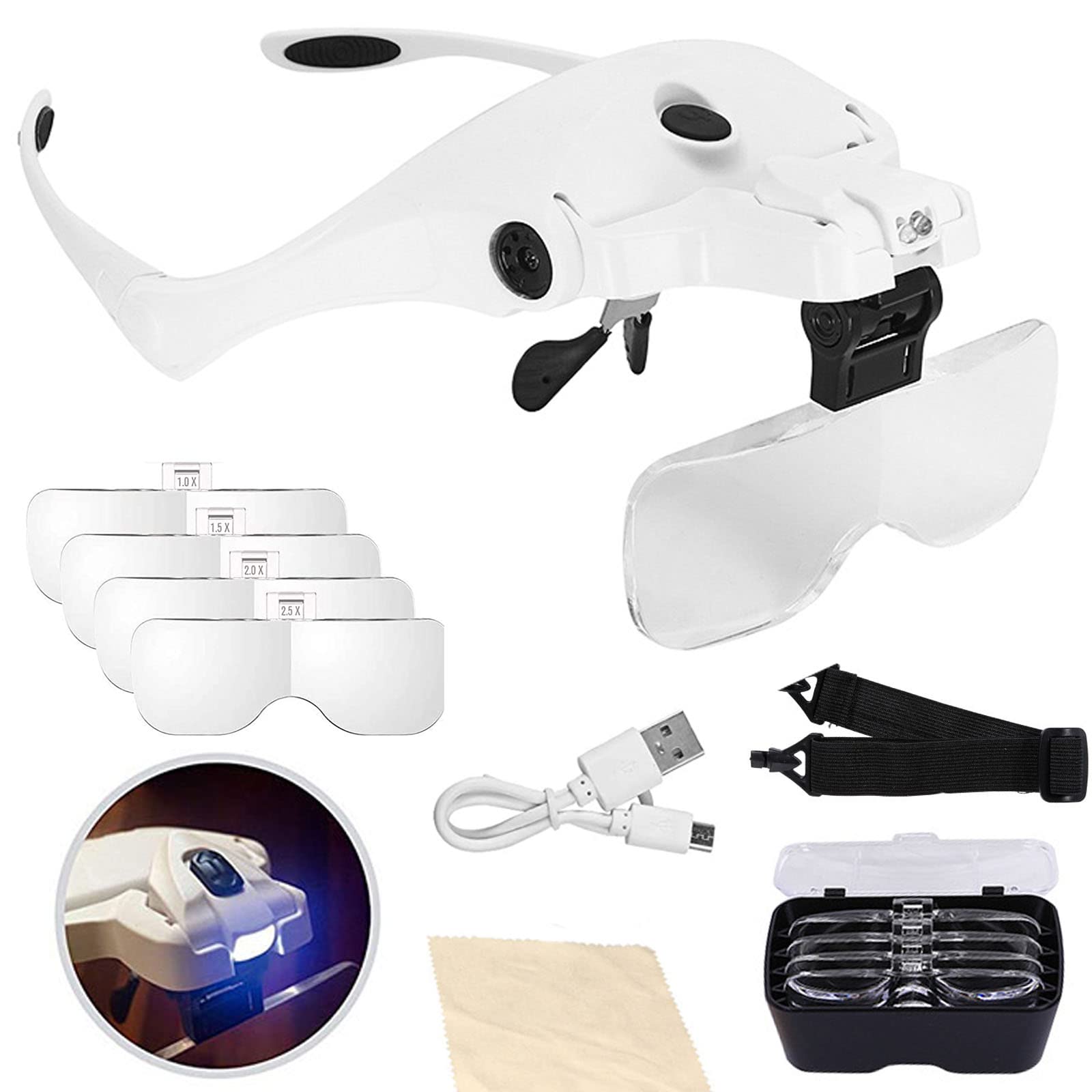 SANTUNK Head Magnifier, Rechargeable Hands Free Headband Magnifying Glass with 2 Led Professional Jeweler's Loupe Light Bracket and Headband are Interchangeable, 5 Detachable Lenses(1X-3.5X)