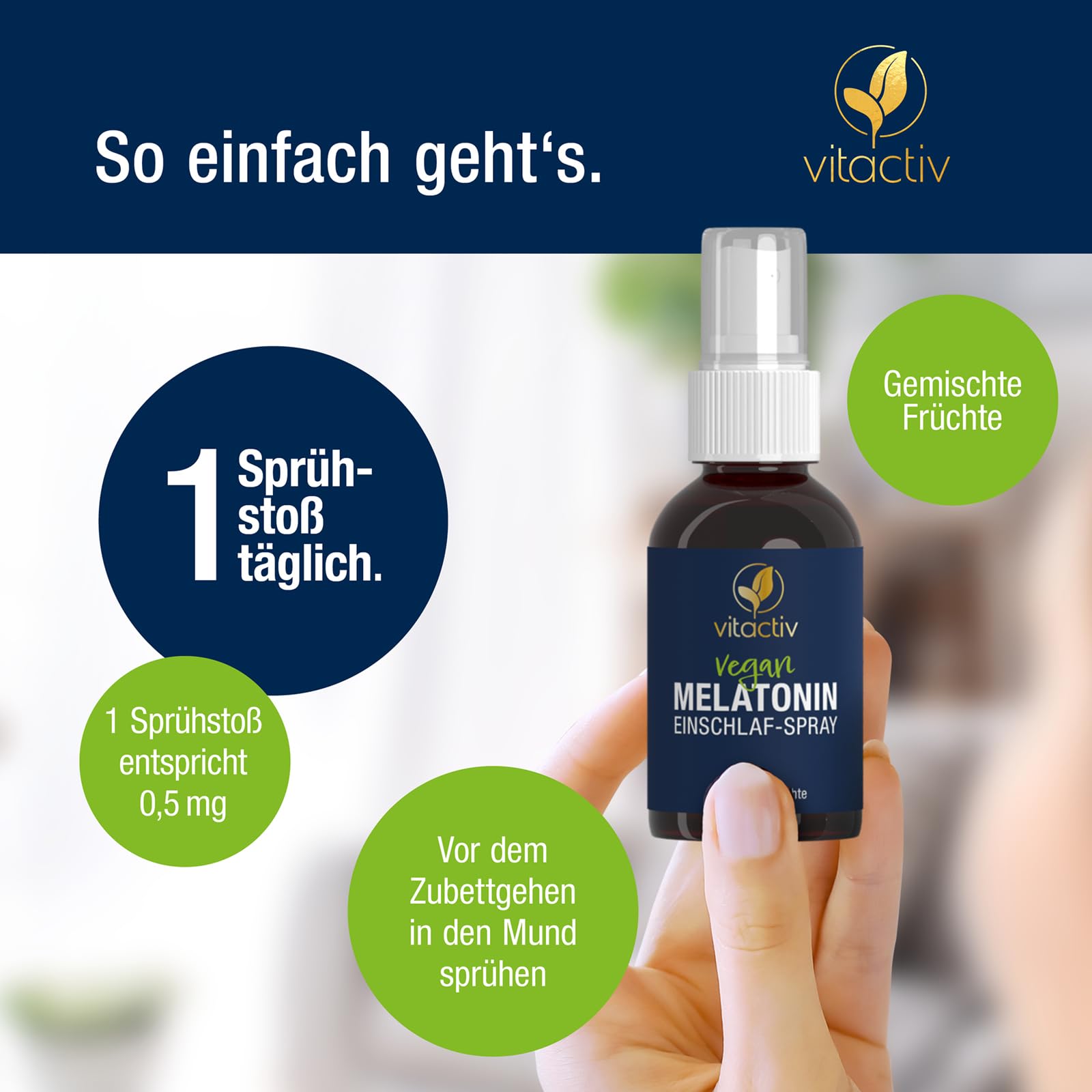 VITACTIV Melatonin Einschlafspray - Gemischte Früchte - 1155 Tage Vorrat, Hochdosiert - Melatonin Spray plus Passionsblumen Extrakt, Vitamine B1 und B6 - Zuckerfrei & Vegan - 150ml Sofort-Spray