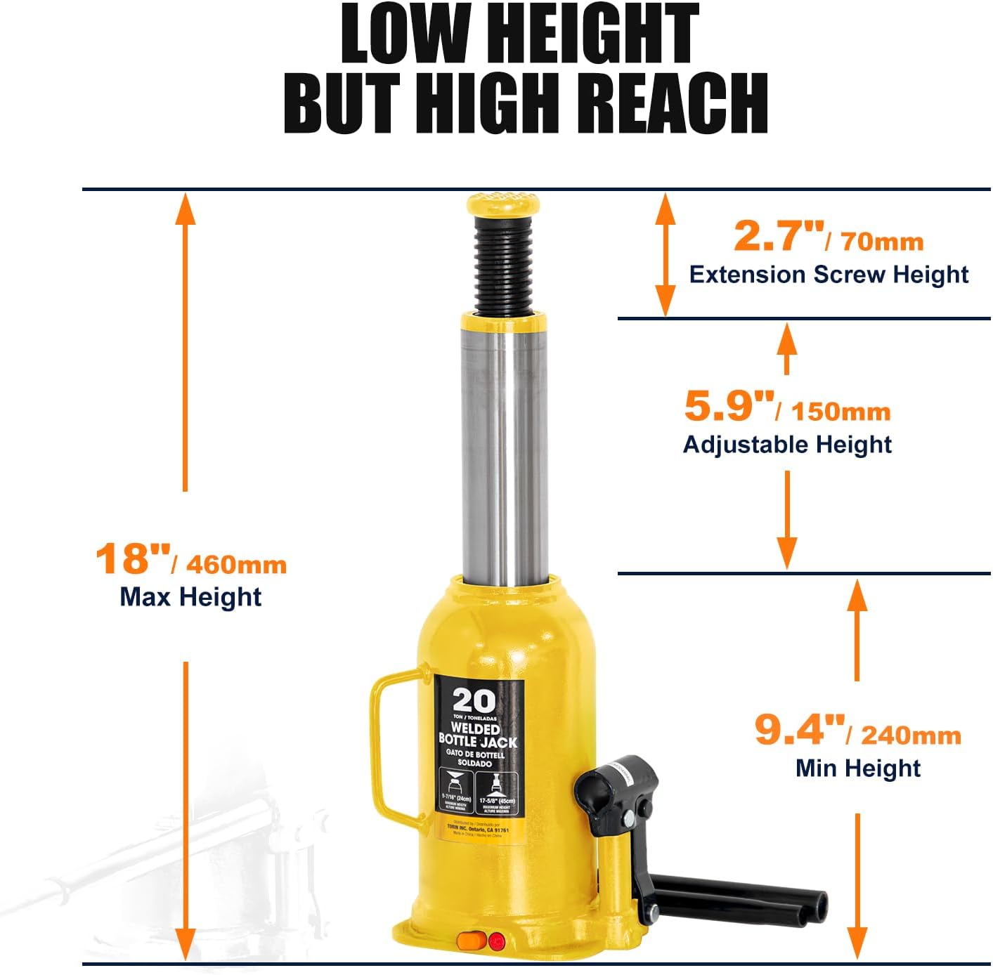 20 Ton (44,000 lb) Heavy Duty Hydraulic Bottle Jack - Industrial Welded Steel Car Lift Jack for Auto Repair & House Leveling - Professional Grade with Safety Valve - Yellow, TAM92003Y