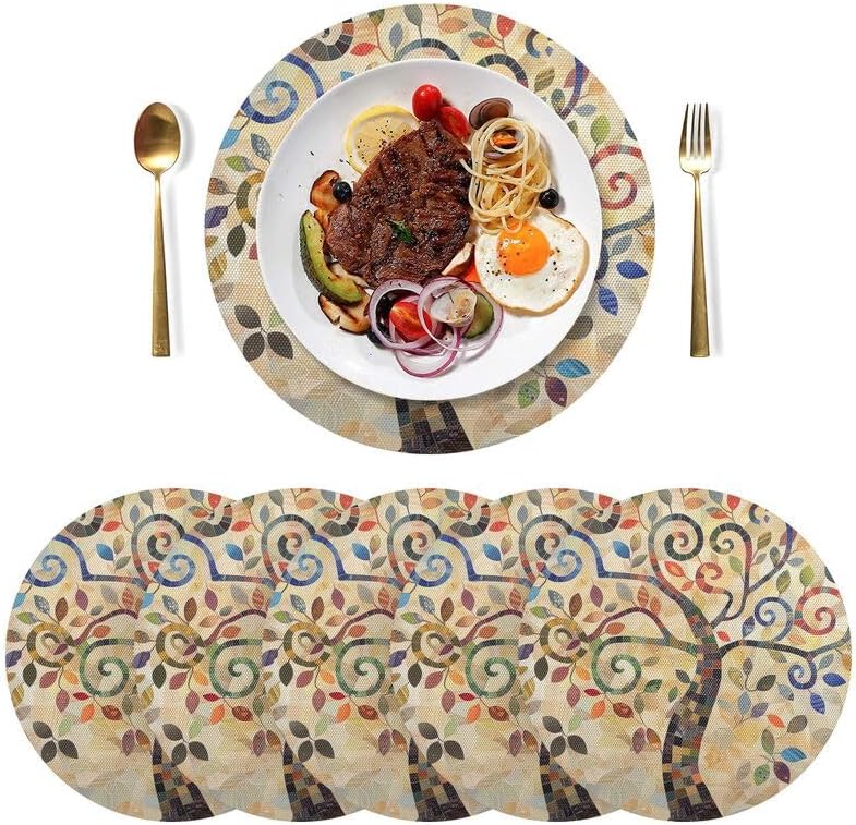 ODAWA Tree and Leaves Placemats Washable Round Table Mats Kitchen Table Place Mats