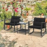 DORTALA 3 Pieces Patio Furniture Set, Rattan Rocking Chair and Glass Coffee Table for Backyard Pools