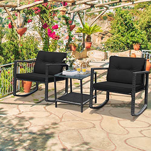 Dortala 3 Pieces Patio Furniture Set, Rattan Rocking Chair And Glass Coffee Table For Backyard Poolsideoutdoor Wicker Conversation Set W/Cushioned Seat, Set Of 3 Patio Bistro Set, Black #TOP6