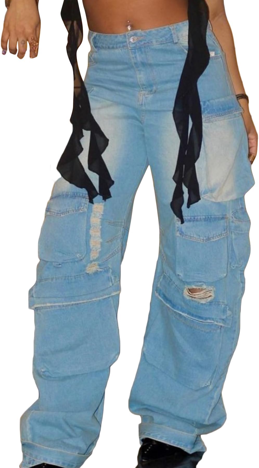 Vakkest High Waisted Cargo Jeans for Women Wide Leg Casual Baggy Trendy Denim Pants with Multi Pockets