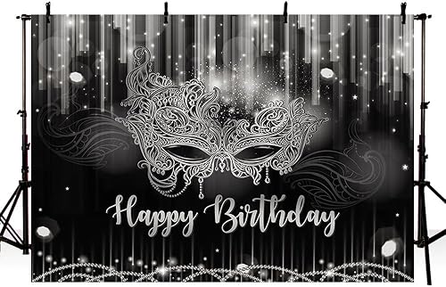 Miniatura 10 de Máscara de fondo de feliz cumpleaños de 7 x 5 pies, suministros de decoración de carnaval, cumpleaños, fiesta de baile, pancarta negra y dorada con