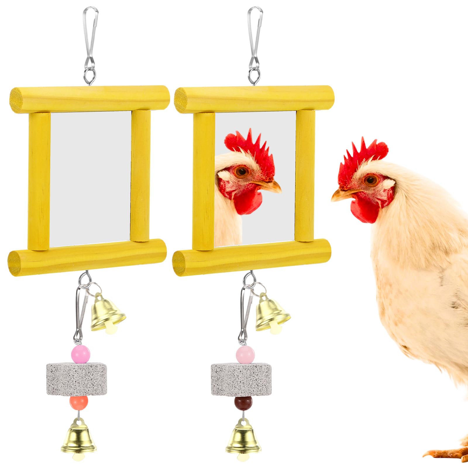 M METERXITY 1-Set Chicken Chewing Toy, 2 Chicken Mirror Toys with 2 Beak Grinding Volcanic Stones for Roosters/Hens/Parrot/Rat Hamster/Bunny/Birds [Yellow] — image 1