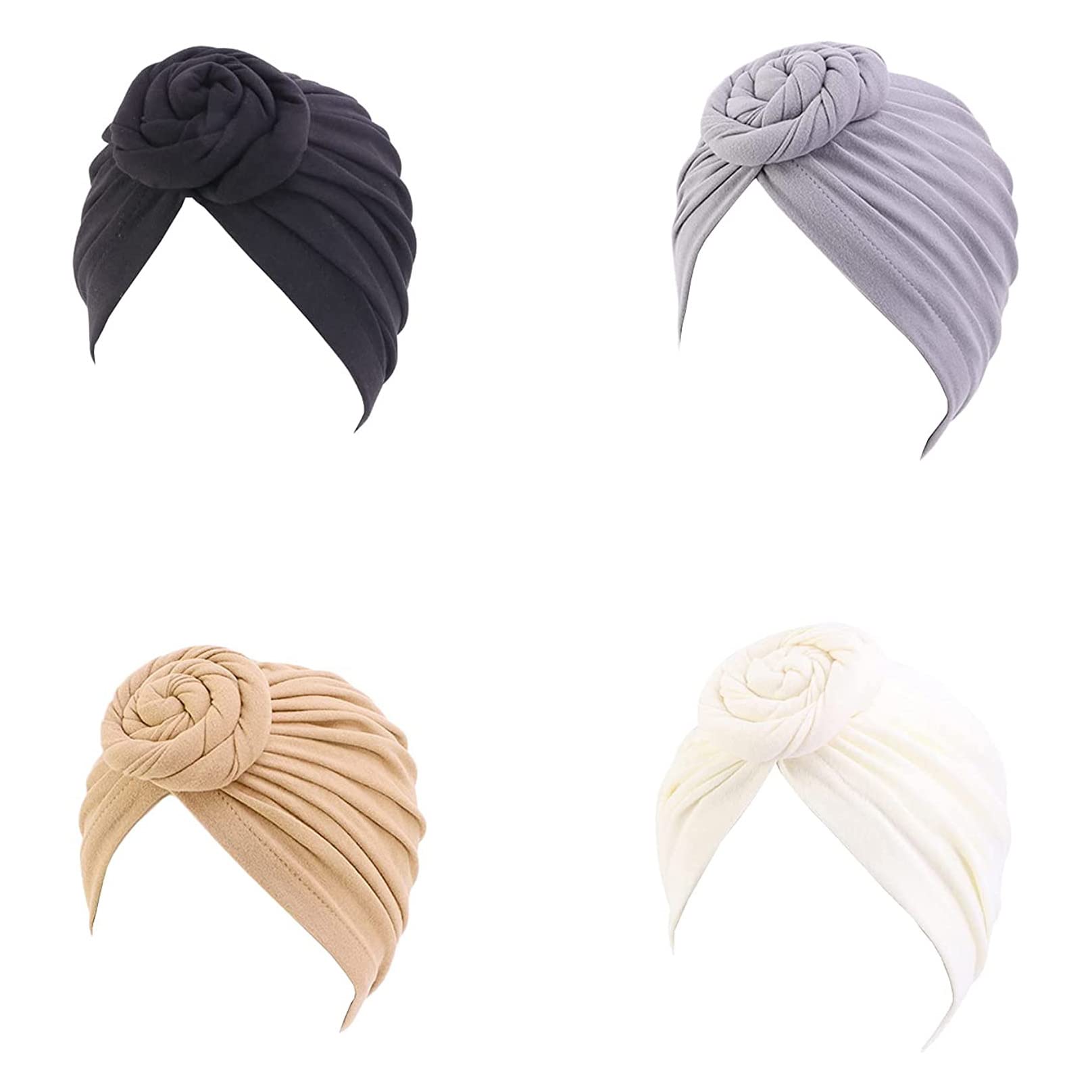BUUEERRWomens 4 PCS Turban Knotted Cotton Headwrap Stretchy Beanie Pre-Tied Bonnet Chemo Cap African Head Wrap Hair Loss Hat