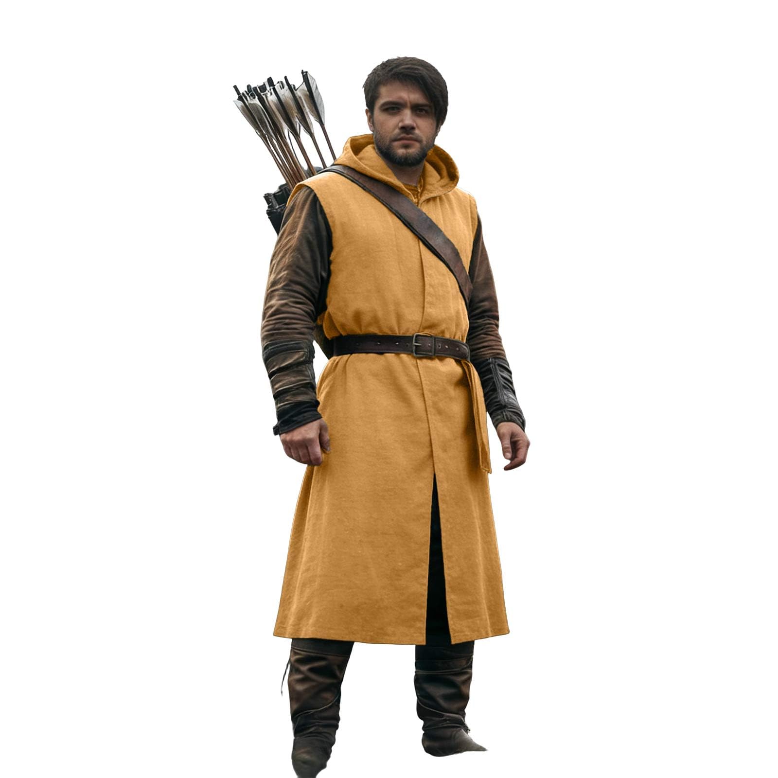 WWricotta Men's Renaissance Hooded Tabard – Sleeveless Tunic, Medieval Costume, Cosplay Cloak, LARP or Reenactment, Sizes M-XXL Yellow