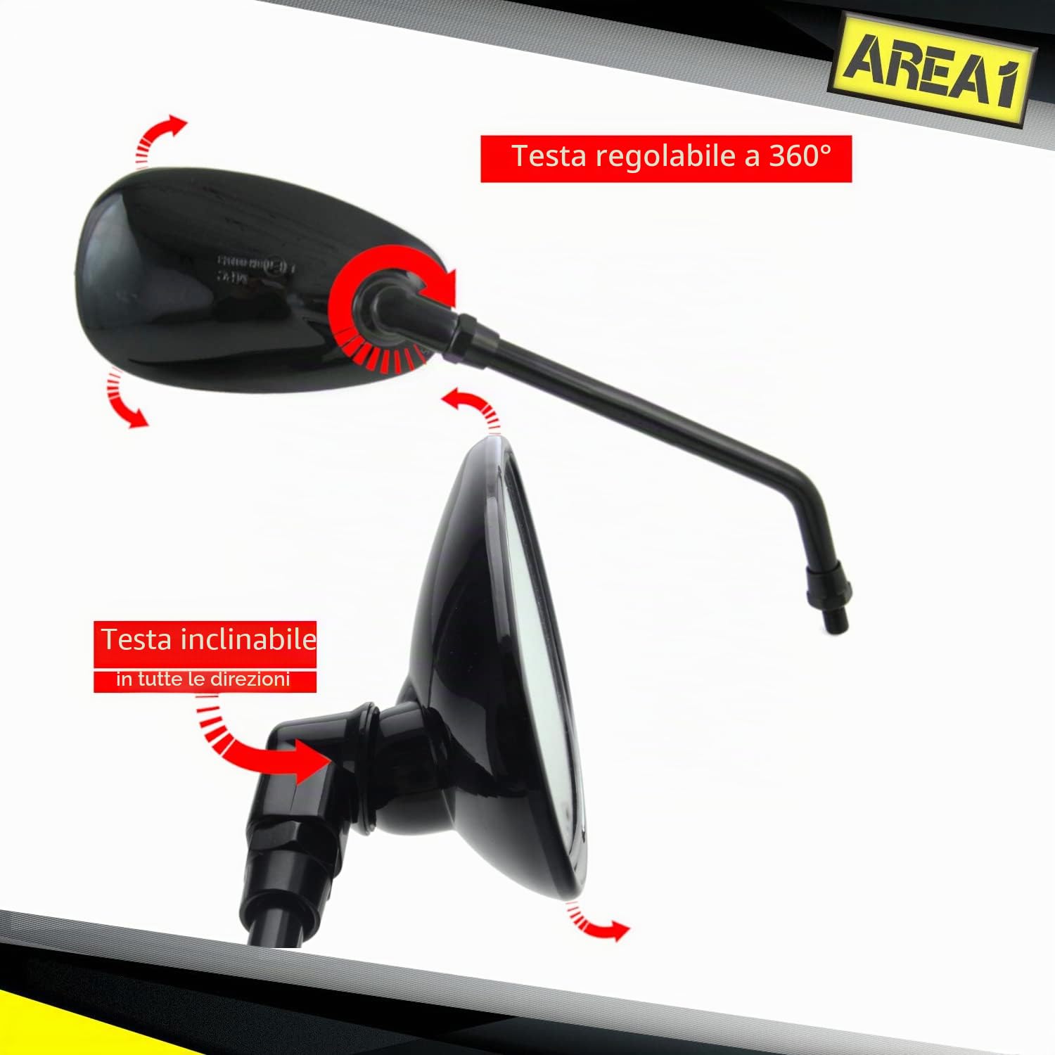 Area1 Coppia Specchietti Retrovisori Universali per Scooter Ovali – Omologati E, Filettatura M8/M10 con Adattatori, Compatibili con LX, LXV, Sprint, GTS, GT, GTV, ET2, ET4, Primavera, Django, Habana