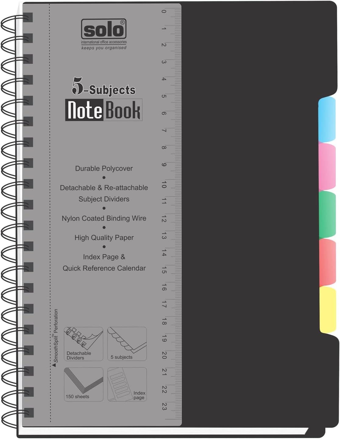 SOLO 5 Subject Notebook – Dot Grid Ruling | B5 | 300 Pages, 70 GSM | Re-attachable Dividers, Monthly Planner, Storage Pocket & Card Slot | Smooth Writing Paper with Perforation | Detachable Scale