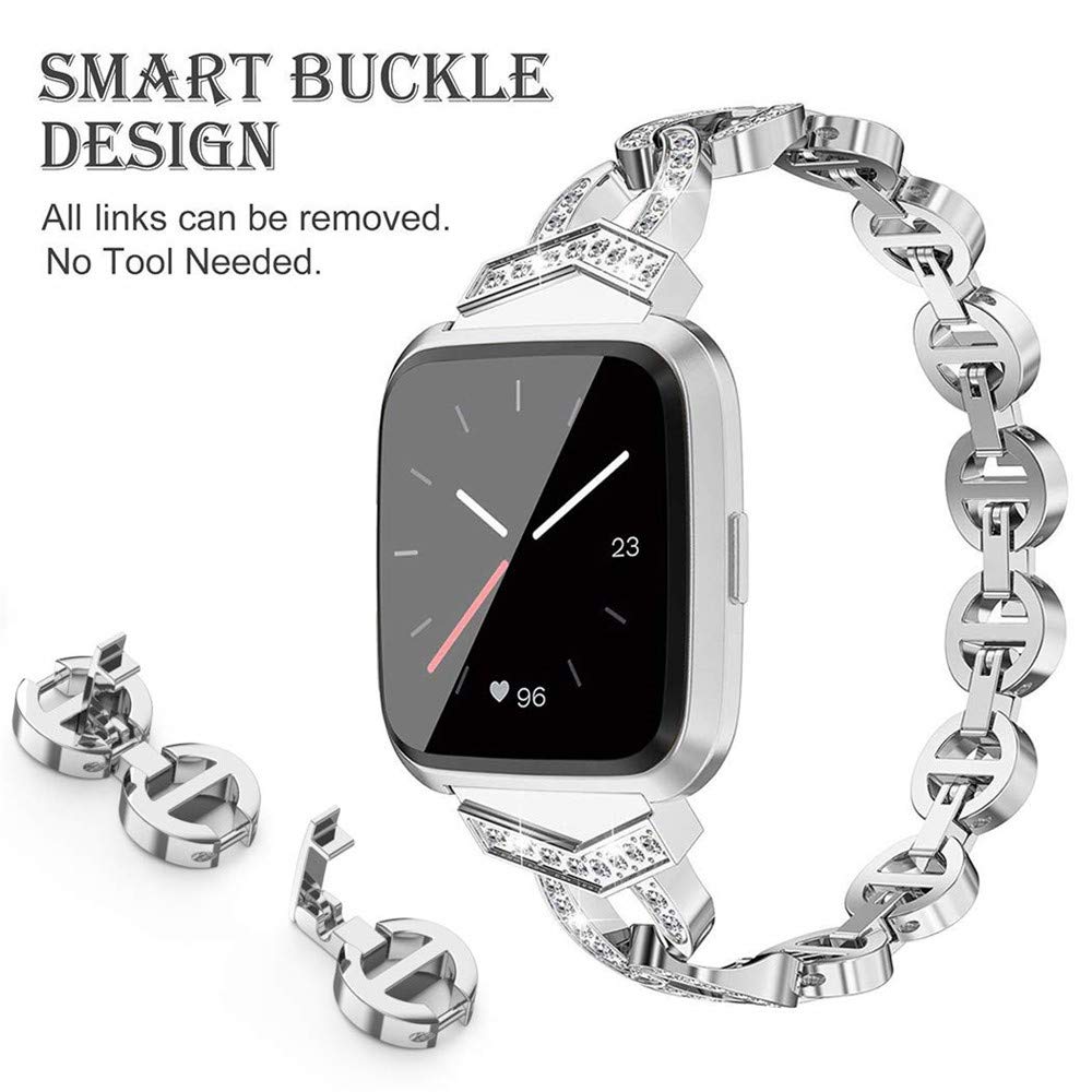 Versa Uhrenarmband, Bling Strass Edelstahlarmband Schlanke Demontage Ersatzband Damen Atmungsaktives Zubehör Armband Kompatibel für Fitbit Versa/Versa 2/Versa Lite (Silber)