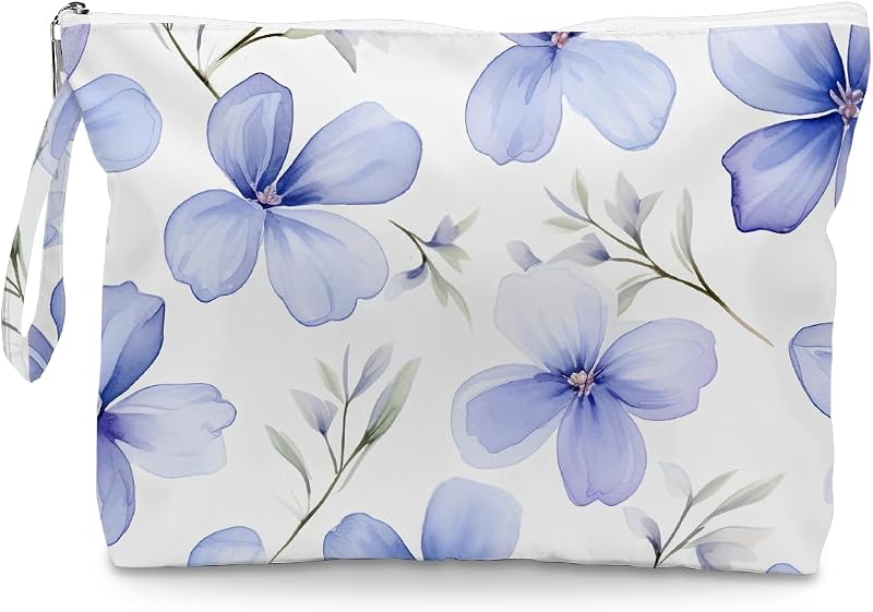 Necessaire Fokongna com estampa floral, zíper e alça, azul-lavanda aquarelado floral