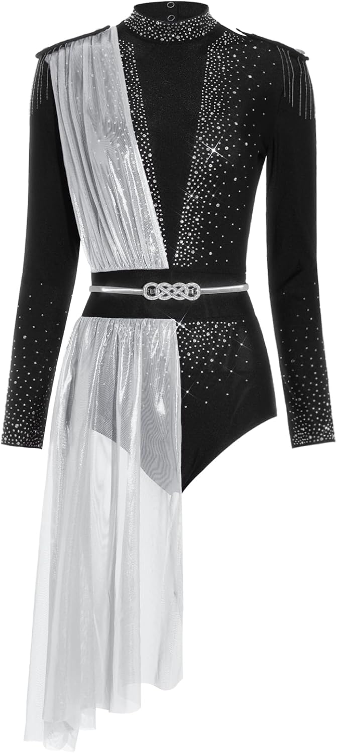 Loyan Women's Lyrical Dance Costume Rhinestones Long Sleeve Metallic Mesh Figure Skating Bodysuit
